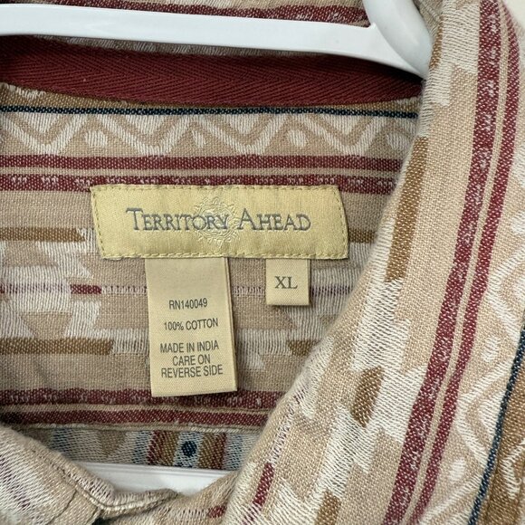 Territory Ahead XL Button-Up Long-Sleeve Men’s Shirt Beige/Burgundy 100% Cotton - Picture 3 of 6